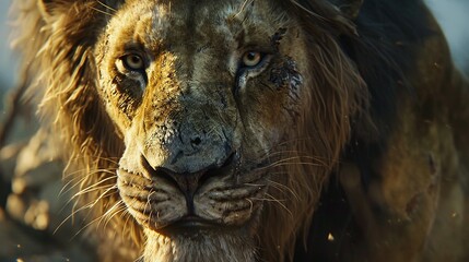 Close-up Portrait of a Majestic Lion with Scars and a Serious Expression