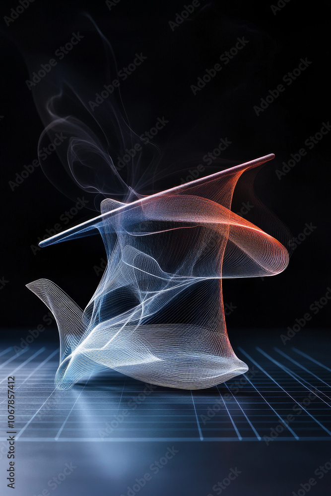 Poster open graduation cap crafted from luminous lines, hovering gracefully in dark space, symbolizes achie