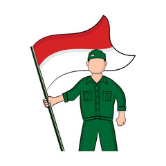 The red and white flag of the Republic of Indonesia flies on a pole held by soldiers