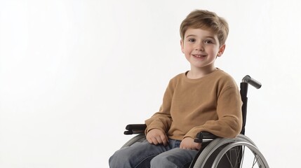 A cute young boy with a spinal injury smiles while sitting in a wheelchair against a white background in a studio setting