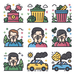 Fototapeta premium Comprehensive Pollution Icon Set Vector Collection of Environmental Hazards & Pollution Elements 