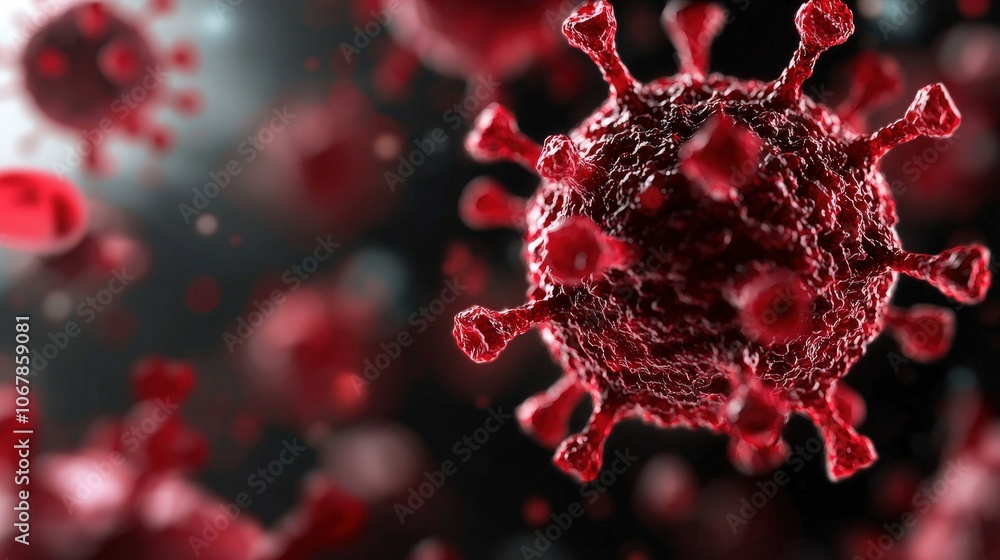 Poster close up of red virus particle with spiky surface 3d rendering microscopic view