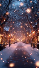 Snowy street with Christmas lights. This festive image can be used for holiday greetings, winter backgrounds, or a cozy winter atmosphere.