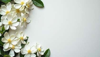Fototapeta premium beautiful frame of white flowers on a white background with copy space for text