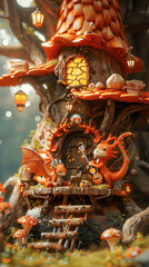 Obraz premium A mythical dragons songs party blending in a vibrant forest landscape.