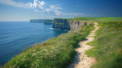 Cliffs of Moher with Ocean Path in Ireland. Generative AI