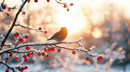 Fototapeta premium Snowy Owl Perched on Branch with Red Berries in Winter Sunset