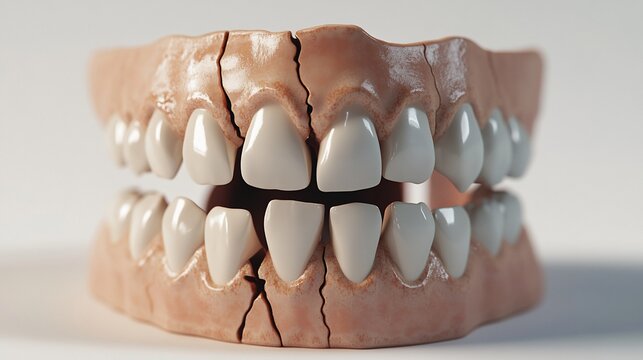 A close-up shot of a cracked set of dentures isolated on a white background.