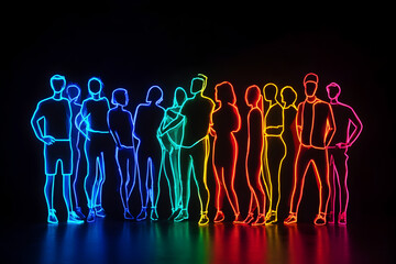 Neon silhouettes of diverse people standing together in unity isolated on black background.