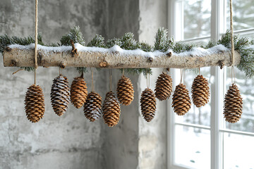 Seasonal tree ornaments featuring pinecones, branches, and white snow accents, creating a natural and minimalist decor with a cozy, rustic, winter-inspired atmosphere.
