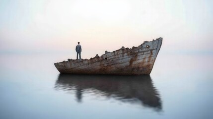 Solitary Figure on Sunken Shipwreck  Calm Sea  Dramatic Sky   Digital Art