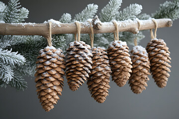 Naklejka premium Seasonal tree ornaments featuring pinecones, branches, and white snow accents, creating a natural and minimalist decor with a cozy, rustic, winter-inspired atmosphere. 