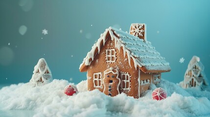 Naklejka premium Decorated Gingerbread House in Snowy Landscape