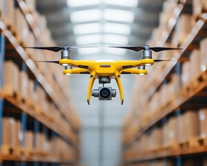 Automated warehouse drones scanning shelves, futuristic logistics solution