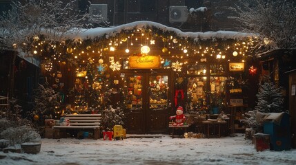 Fototapeta premium A charming Christmas shop decorated with lights and ornaments, covered in snow.