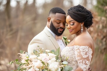 Beautiful outdoor wedding couple embracing in nature with a stunning bouquet, capturing a moment of love and joy during their ceremony