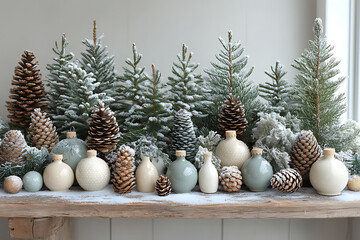 Seasonal tree ornaments featuring pinecones, branches, and white snow accents, creating a natural and minimalist decor with a cozy, rustic, winter-inspired atmosphere.
