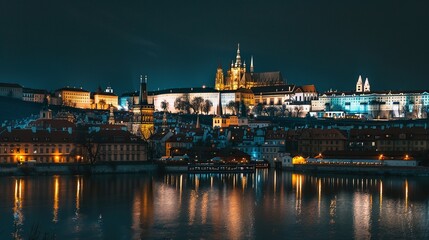 Obraz premium Prague Castle and Vltava River at Night