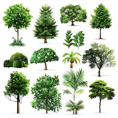 Green trees and plants on white background