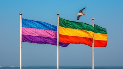 Rainbow Pride Flags Waving in the Wind at Sunset Beach