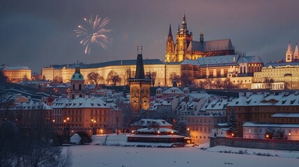 Fototapeta premium Prague Castle and Charles Bridge at Dusk with Fireworks