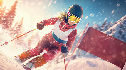 Skier racing in an alpine skiing competition with mountains in the background.