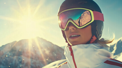 Close-up of a woman wearing ski goggles in a sunny snowy mountain setting.