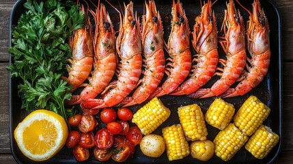 Grilled shrimp with corn on the cob, cherry tomatoes, and lemon wedges on a baking sheet.