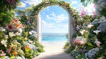 Fototapeta premium A picturesque archway adorned with vibrant flowers opens to a serene beach and calming sea under a bright blue sky