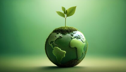 A green planet with a seedling sprouting from it, symbolizing minimalism, future, and environmental protection.