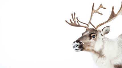 Christmas reindeer portrait, calm mood, snowy background, copy space