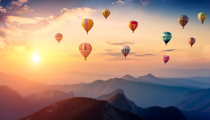 Fototapeta premium A large number of hot air balloons float in the sunset sky over the beautiful hills