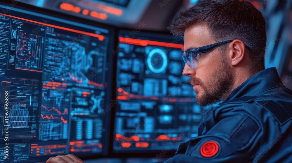 Poster cybersecurity analyst reviewing data on multiple monitors in futuristic office