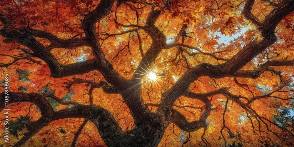 Poster sun shining through golden autumn maple tree canopy