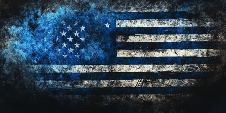 Distressed, patriotic illustration blending grunge texture with a thin blue line flag, symbolizing law enforcement's solidarity and sacrifices, set against a dark, gritty background