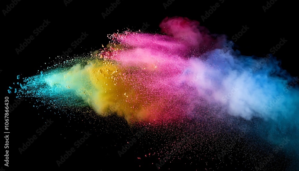 Poster colorful powders explode vibrantly on a black background, creating a moving phenomenon.