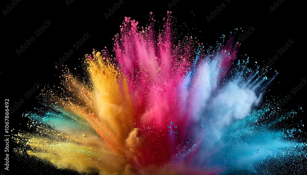 Poster colorful powders of various colors explode onto a black background, creating a vibrant image.