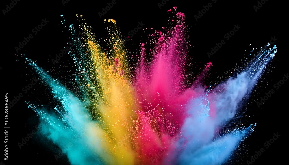 Poster colorful powders of various colors explode onto a black background, creating a vibrant image.