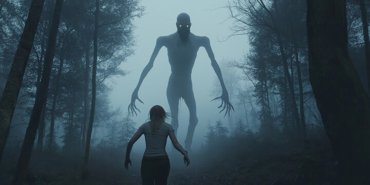Terrifying slenderman catching running woman in dark forest