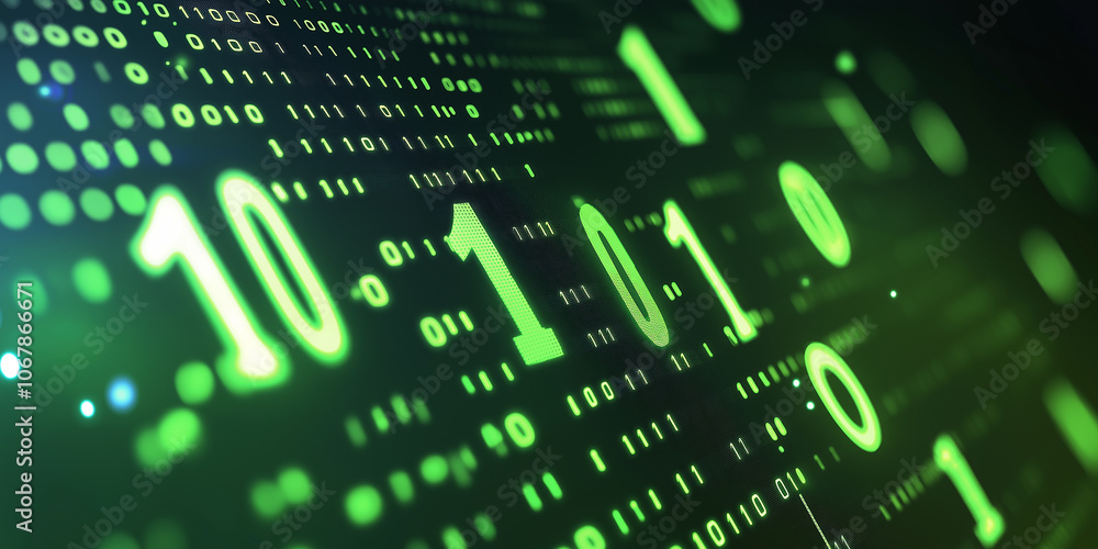 Poster Binary code forming glowing green numbers on digital display