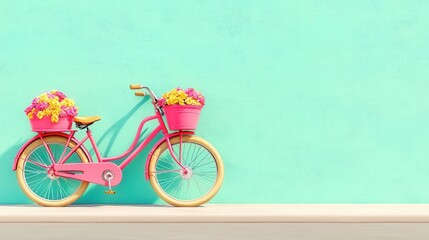Fototapeta premium Pink Vintage Bicycle with Flowers in Basket Against Mint Green Wall