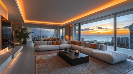 Naklejka premium Modern living room with large windows overlooking ocean at sunset.