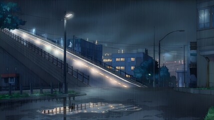 Obraz premium Rainy night in a city with bright lamps, reminiscent of an anime cartoon