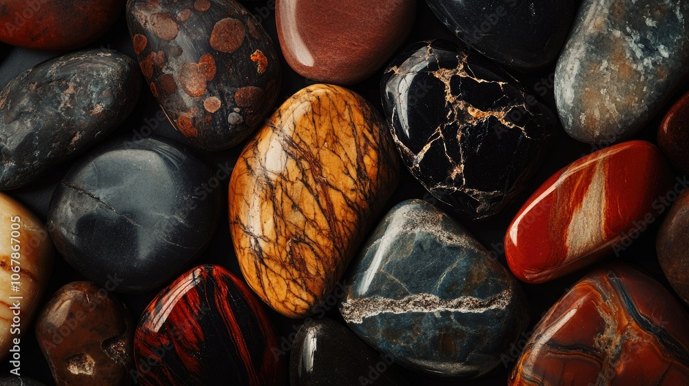 Poster assorted smooth pebbles in close up view