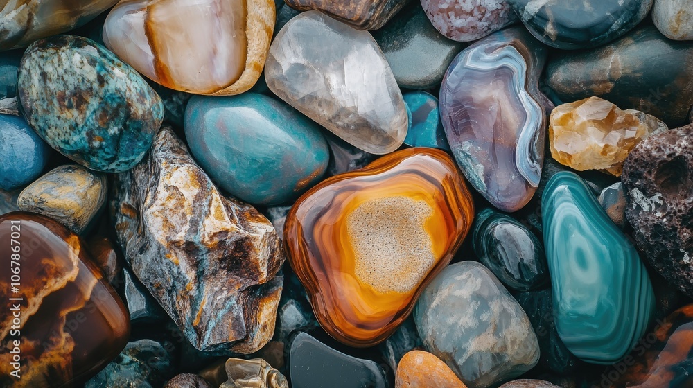 Poster smooth assorted pebbles in close-up view
