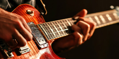 Obraz premium Musician playing electric guitar on dark background