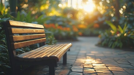 A serene park bench surrounded by lush greenery at sunset.