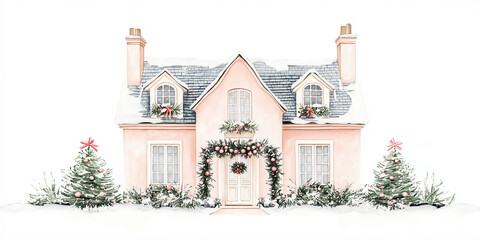 Pink christmas house with snow covered roof and decorated christmas trees