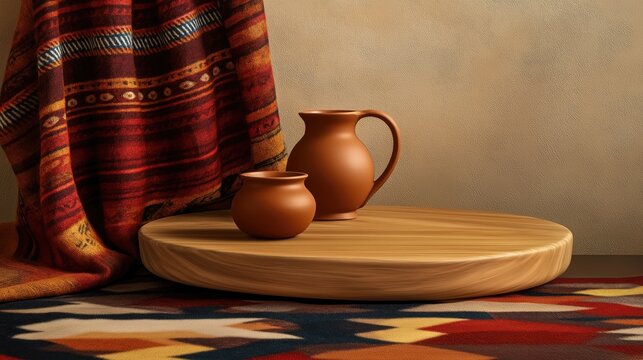 Geometric wooden platform with Rosca de Reyes and molinillo