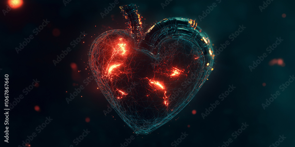 Poster glowing futuristic artificial heart beating with energy in a dark background